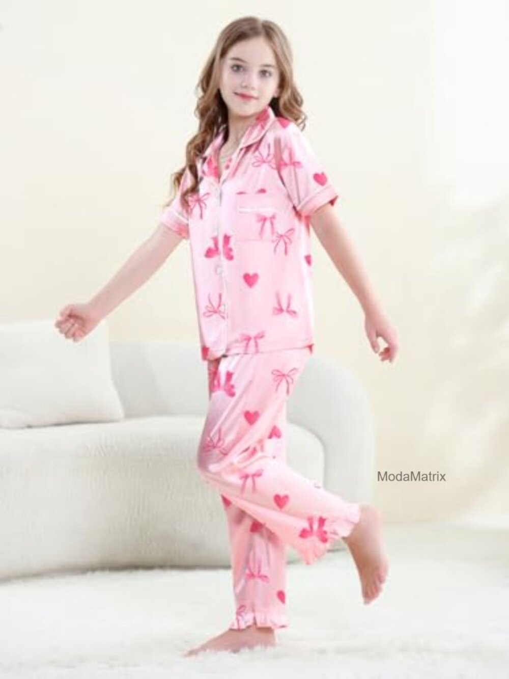 Girls Silk Satin Pajama Set 2 Piece Short Sleeve Button Down Pjs Sleepwear - Picture 5 of 6